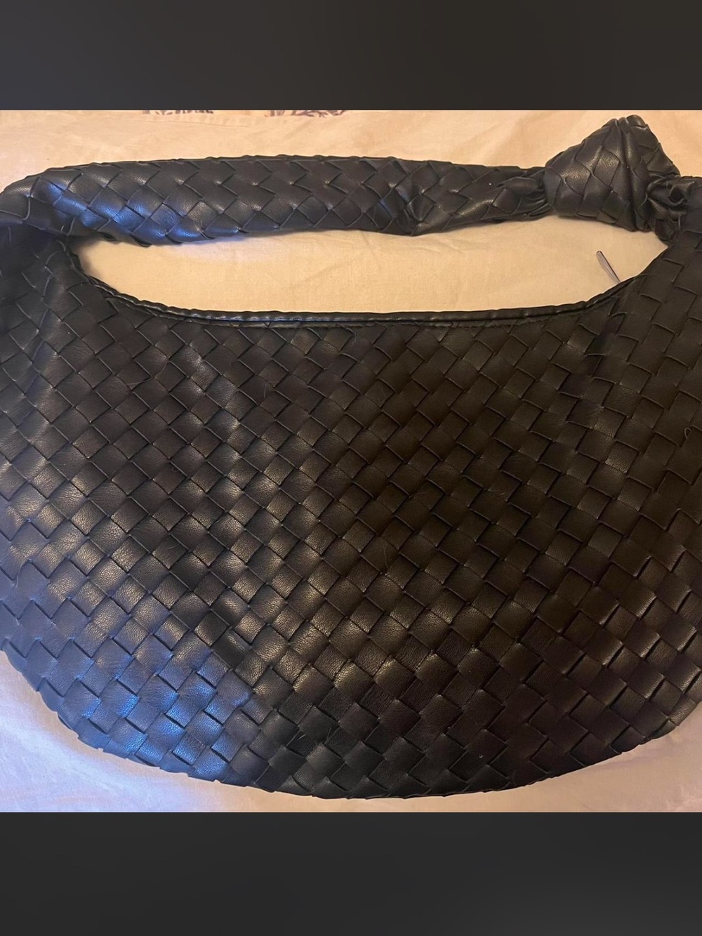 Woven Vegan Leather Shoulder Hobo Bag — Black.  Dupe of Italian Luxury Brand.